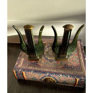 Vintage Brass Judaica Lyre Harp Bookends Israeli Temple Brotherhood Design